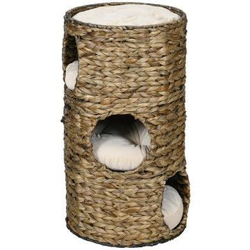 Cat tower with 3 caves & bed, 73 cm water hyacinth