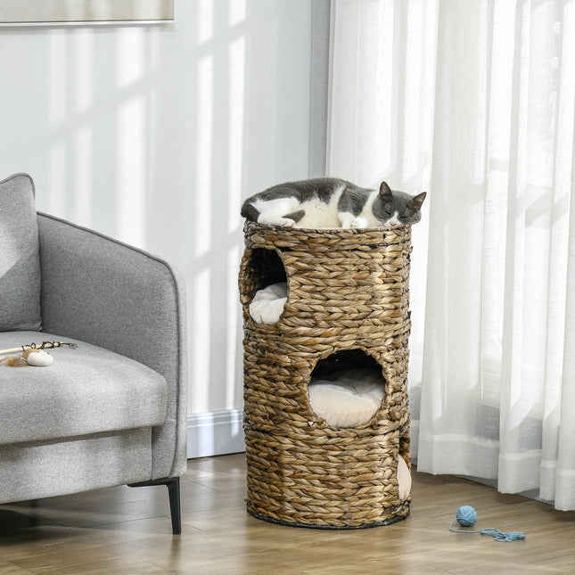 Cat tower with 3 caves & bed, 73 cm water hyacinth