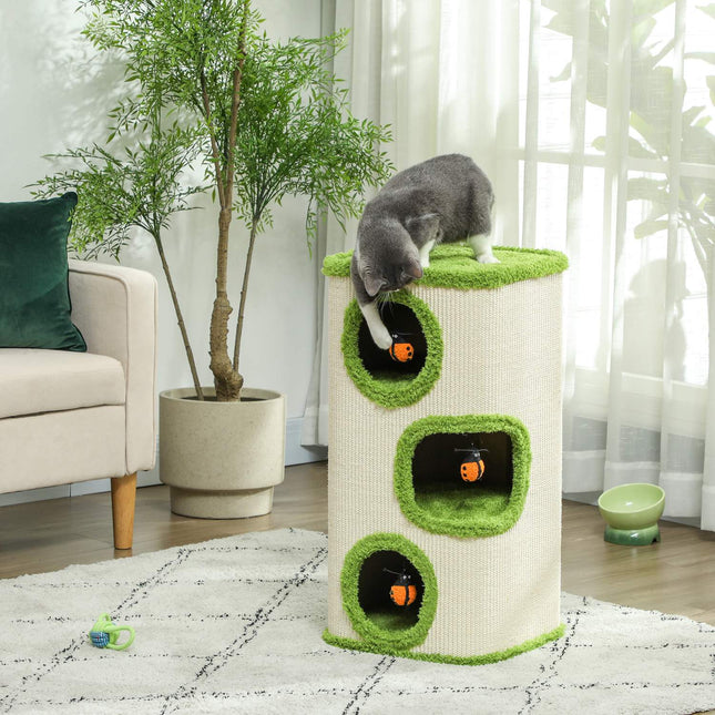 Cat scratching post with caves, sisal, toy, green, 76 cm