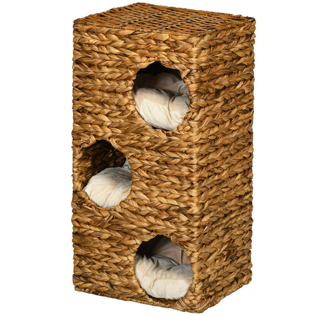 Cat Barrel Tower, 76 cm, 3 caves, water hyacinth, light brown