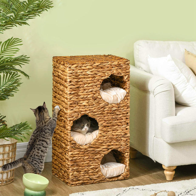 Cat Barrel Tower, 76 cm, 3 caves, water hyacinth, light brown