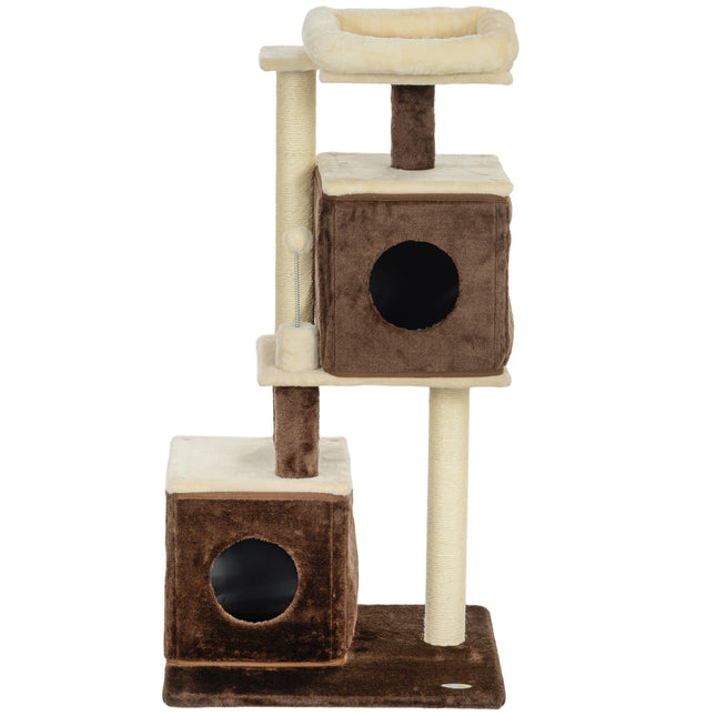 Cat tree 107 cm with cave, bed, play ball, dark brown