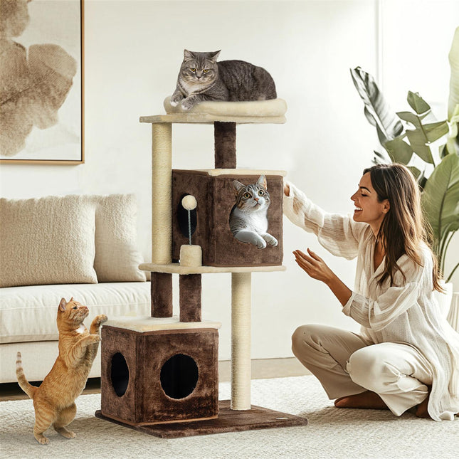 Cat tree 107 cm with cave, bed, play ball, dark brown
