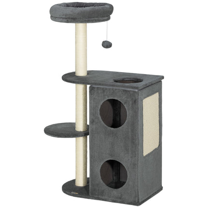 Cat tree with cave, bed and ball - 111 cm, grey, for cats up to 5 kg