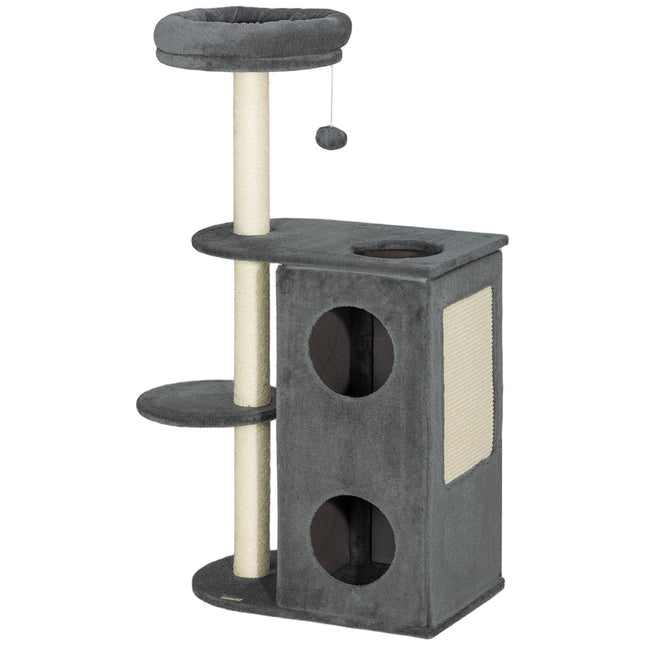 Cat tree with cave, bed and ball - 111 cm, grey, for cats up to 5 kg