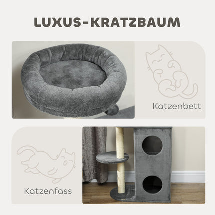 Cat tree with cave, bed and ball - 111 cm, grey, for cats up to 5 kg