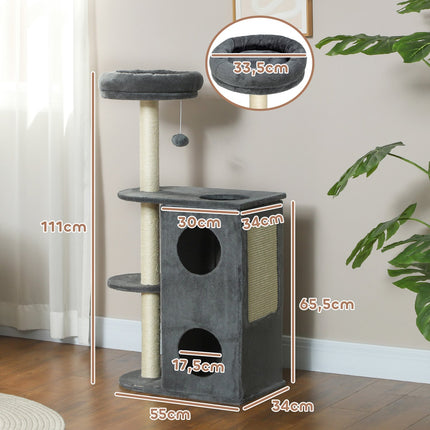 Cat tree with cave, bed and ball - 111 cm, grey, for cats up to 5 kg