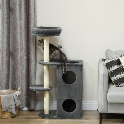 Cat tree with cave, bed and ball - 111 cm, grey, for cats up to 5 kg