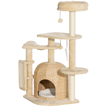 Beige 112 cm cat tree with cave, bed and sisal posts