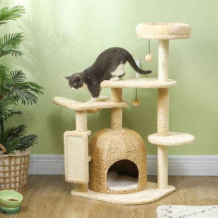 Beige 112 cm cat tree with cave, bed and sisal posts