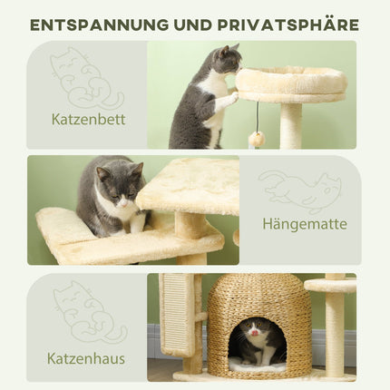 Beige 112 cm cat tree with cave, bed and sisal posts