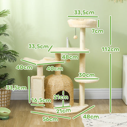 Beige 112 cm cat tree with cave, bed and sisal posts