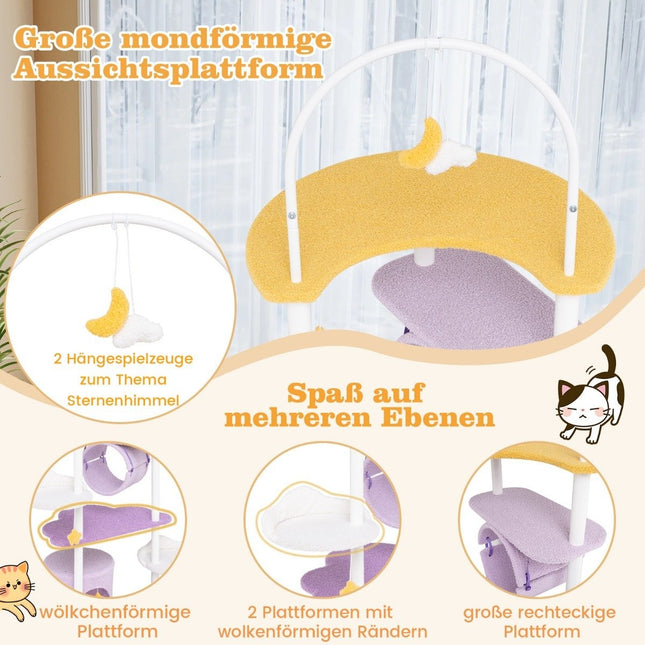 Scratching post 158 cm cat tree with cat cave tunnel hanging toy & large moon-shaped lying surface purple + white