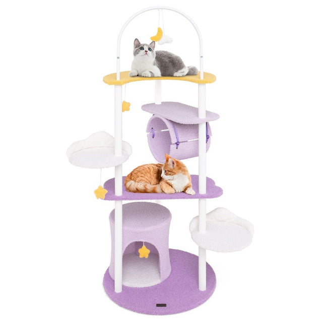 Scratching post 158 cm cat tree with cat cave tunnel hanging toy & large moon-shaped lying surface purple + white