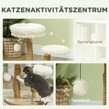Krabpaal 61,5 cm hoge kattenkrabpaal met speelbal, bedden, kattentoren met kattenkrabplank, voor katten onder de 5 kg, perenhout, wit