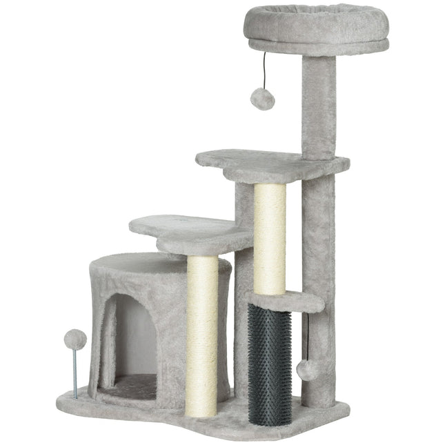Cat tree with cave and bed, sisal posts, light grey