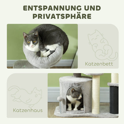 Cat tree with cave and bed, sisal posts, light grey
