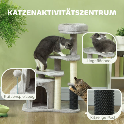 Cat tree with cave and bed, sisal posts, light grey