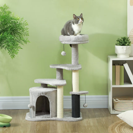 Cat tree with cave and bed, sisal posts, light grey