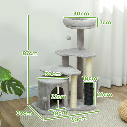 Cat tree with cave and bed, sisal posts, light grey