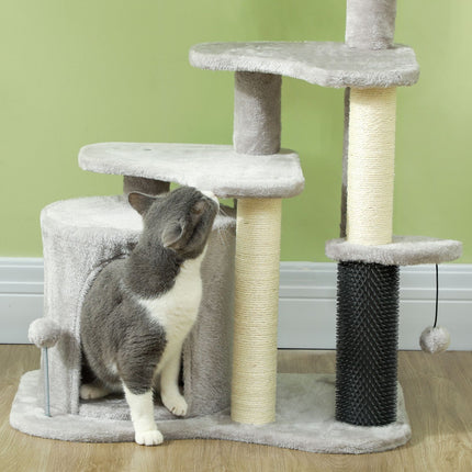 Cat tree with cave and bed, sisal posts, light grey