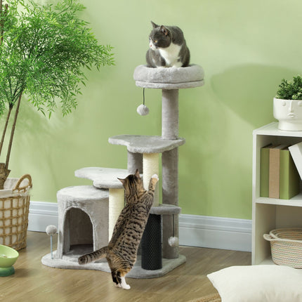 Cat tree with cave and bed, sisal posts, light grey