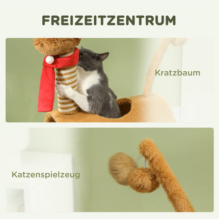 Scratching post 98 cm cat tower in deer design, with cave, play ball, jute trunks brown