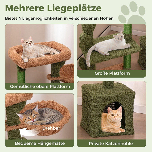 Scratching post cactus cat tree with platforms hammock cat cave green + brown (81cm high)