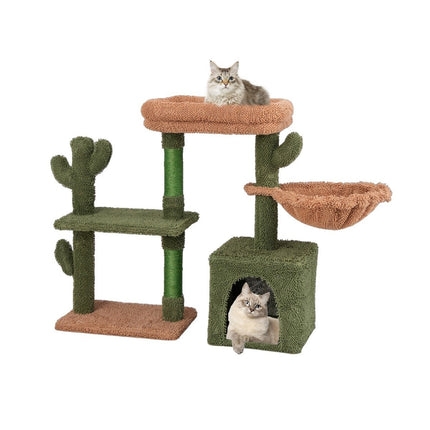 Scratching post cactus cat tree with platforms hammock cat cave green + brown (81cm high)