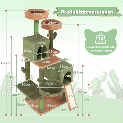Scratching post cactus cat tree with platforms toy sisal posts green + brown (160cm high)