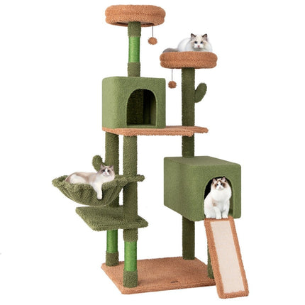 Scratching post cactus cat tree with platforms toy sisal posts green + brown (160cm high)