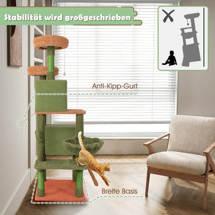 Scratching post cactus cat tree with platforms toy sisal posts green + brown (160cm high)
