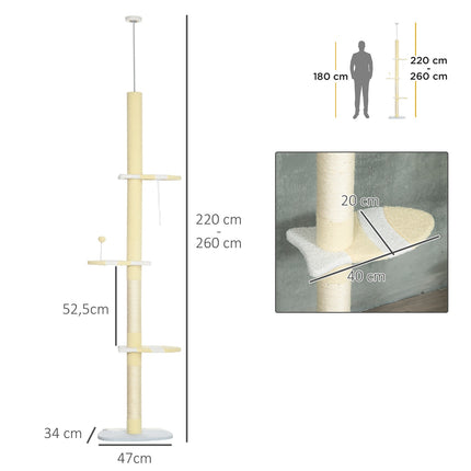 Adjustable cat scratching post with play ball, 220-260 cm