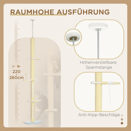 Adjustable cat scratching post with play ball, 220-260 cm