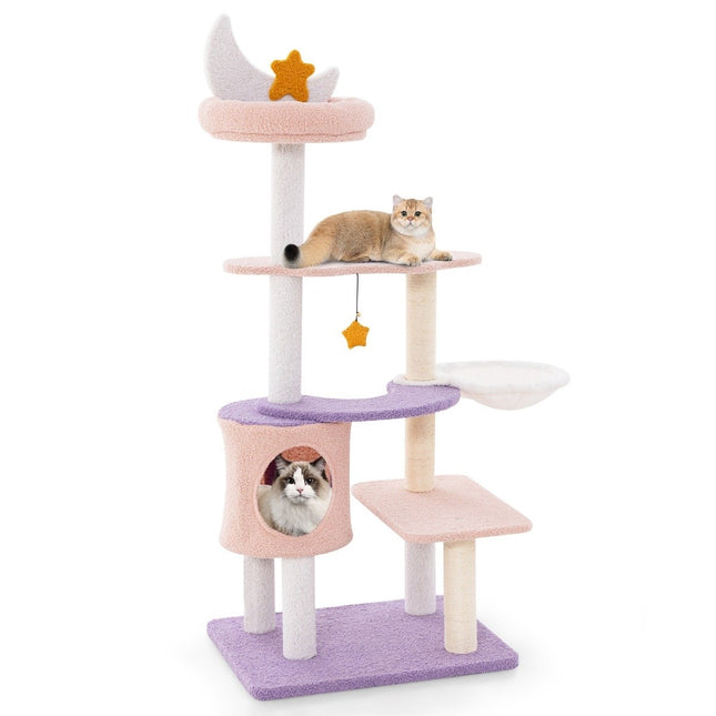 Scratching post cat tree with cat cave & hammock & toy purple + pink 59 x 49 x 140 cm
