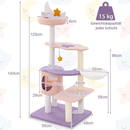 Scratching post cat tree with cat cave & hammock & toy purple + pink 59 x 49 x 140 cm