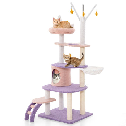 Scratching post cat tree with cat cave & ladder & hammock & toys 59 x 49 x 158cm purple + pink
