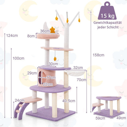 Scratching post cat tree with cat cave & ladder & hammock & toys 59 x 49 x 158cm purple + pink