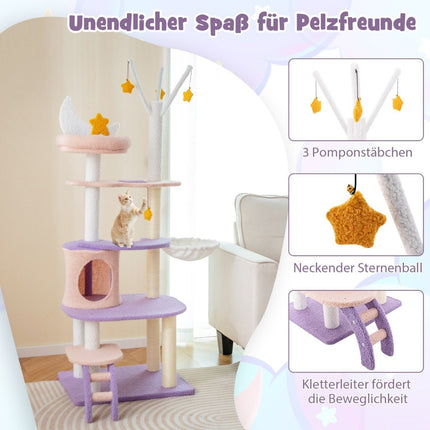 Scratching post cat tree with cat cave & ladder & hammock & toys 59 x 49 x 158cm purple + pink