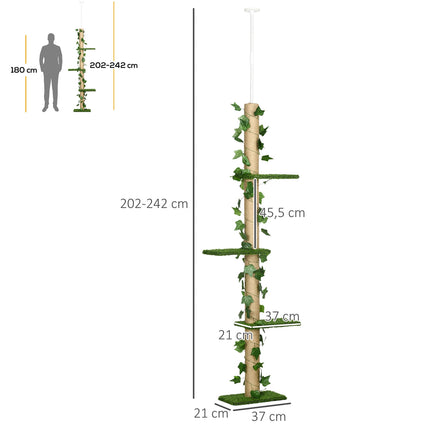 Adjustable jute cat tree, ceiling height 202-242 cm, green/yellow