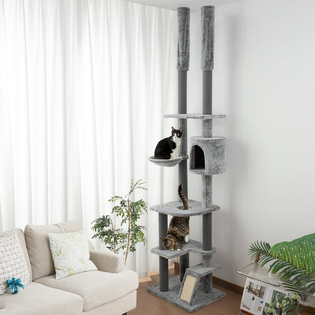 High-ceilinged cat tree with cave, basket and play ball, gray