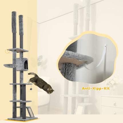 High-ceilinged cat tree with cave, basket and play ball, gray