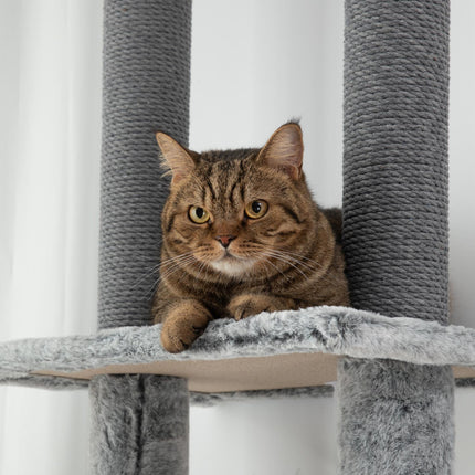 High-ceilinged cat tree with cave, basket and play ball, gray
