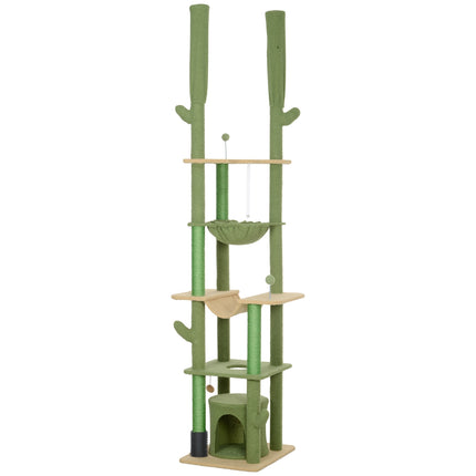 High ceiling cat tree 225-255cm with cave & basket - green