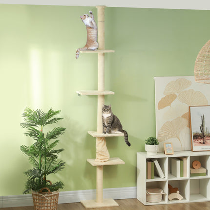 Cat tree with high ceiling with platforms, 225-275 cm, cream
