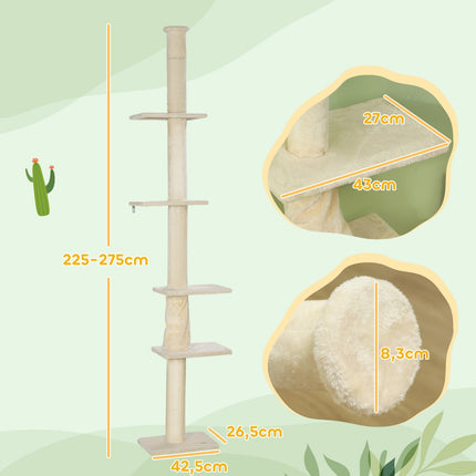 Cat tree with high ceiling with platforms, 225-275 cm, cream