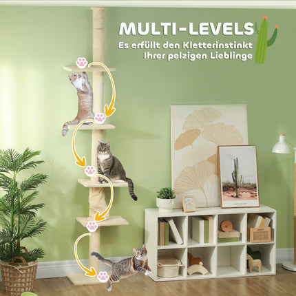 Cat tree with high ceiling with platforms, 225-275 cm, cream