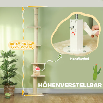Cat tree with high ceiling with platforms, 225-275 cm, cream