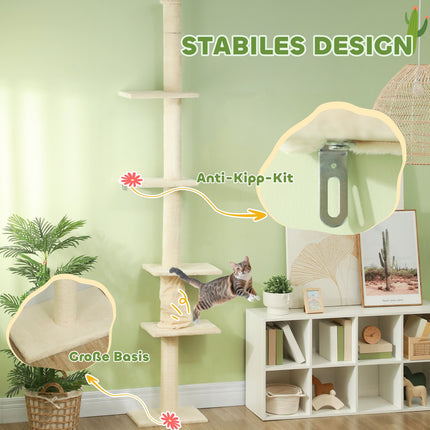 Cat tree with high ceiling with platforms, 225-275 cm, cream