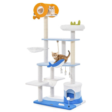 Scratching post in a marine motif, multi-story cat tower with sisal-covered posts, blue, 69 x 49 x 168 cm
